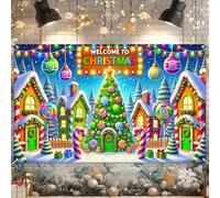 BlissYard Christmas Whoville Banner Holiday Backdrop Candyland Decoration Xmas Wall Hanging Welcome Sign Tree Lights Garland Winter Wonderland Party Photo Prop Indoor Outdoor 71 X 43 Inches
