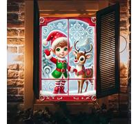 BlissYard Christmas Window Cover 31x47 Inch Red Frame Elf Reindeer Scene Holiday Wall Hanging Backdrop Indoor Banner Frost Snowflake Forest Glass Panel Photo Decoration for Room Winter Display