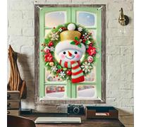 BlissYard Christmas Window Cover Snowman Wreath Holiday Window Banner Cartoon Snowman Face Red Green Gold White Snowflake Christmas Balls Indoor Xmas Party Decor Festive Wall Hanging