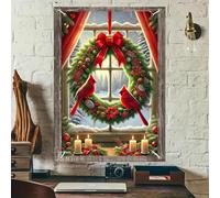 BlissYard Christmas Window Decorations 32x47 Inch Christmas Window Cover Cardinals Wreath Red Berries Candles Snowy Forest View Whimsical Windows Silhouette for Indoor Outdoor Holiday Party Decor