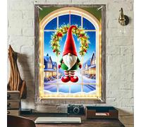 BlissYard Christmas Window Decorations 32x47 Inch Christmas Window Cover Charming Gnome Red Hat Snowy Village Lights Garland Whimsical Windows Silhouette for Indoor Outdoor Holiday Party Decor