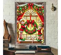 BlissYard Christmas Window Decorations 32x47 Inch Christmas Window Cover Elf Children Holding Wreath Snowy Window Festive Garland Whimsical Windows Silhouette for Indoor Outdoor Holiday Party Decor