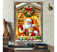 BlissYard Christmas Window Decorations 32x47 Inch Christmas Window Cover Santa Claus Waving Cute Cat Snowy Window Wreath Ornaments Whimsical Windows Silhouette for Indoor Outdoor Holiday Party Decor
