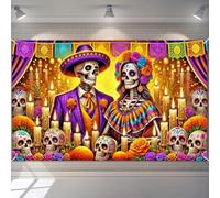 BlissYard Day of the Dead Backdrop 71x43 Inch Dia de los Muertos Skeleton Couple Banner Background with Marigolds Candles Papel Picado for Halloween Mexican Wall Party Decoration