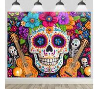 BlissYard Day of The Dead Backdrop 8x6ft Sugar Skull with Flowers Guitars Skeletons Mexican Fiesta Banner Dia de Los Muertos Decoration Halloween Party Background Photo Booth
