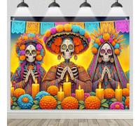 BlissYard Day of The Dead Backdrop Banner 8x6ft Dia de Los Muertos Skeleton Catrina Candles Marigold Flowers Papel Picado Mexican Fiesta Altar Halloween Party Decoration Photo Booth Background