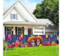 BlissYard Day of The Dead Backdrop Banner Colorful Sugar Skull Cactus Flowers Balloons Papel Picado for Día de Los Muertos 118x20 Inches Halloween Fiesta Party Event Outdoor Yard Decor