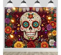 BlissYard Day of The Dead Backdrop Banner Sugar Skull Flowers 8x6ft Dia de Los Muertos Banner Halloween Mexican Fiesta Backdrop for Photo Booth Altar Party Decorations Indoor Outdoor