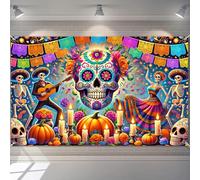 BlissYard Day of The Dead Banner 71x43 Inch Día de Los Muertos Backdrop with Dancing Skeletons Sugar Skull Musician Candles and Papel Picado Mexican Halloween Decorations for Party Wall