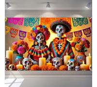 BlissYard Day of The Dead Banner 71x43 Inch Dia de Los Muertos Backdrop with Skeleton Couple Candles Papel Picado Marigold Flowers for Halloween Mexican Festival Wall Decor