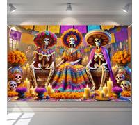 BlissYard Day of The Dead Banner Backdrop 71x43 Inch Dia de Los Muertos Skeleton Couple Scene Candle Marigold Papel Picado Background for Mexican Halloween Party Wall Decor