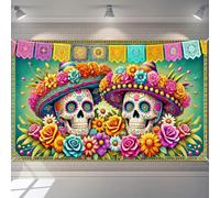 BlissYard Day of The Dead Banner Backdrop Party Decorations 71x43 Inch Dia de Los Muertos Banners Sugar Skull Hat and Floral Background for Mexican Fiesta Wall Decor Halloween Photo Booth Supplies