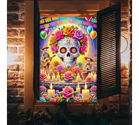 BlissYard Day of The Dead Halloween Window Banner 31x47 Inch Sugar Skull Skeleton Floral Decor Mexican Festival Door Cover Banner Indoor Outdoor Ofrenda Papel Picado Marigold Altar Photo Backdrop