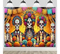 BlissYard Día de Los Muertos Backdrop Banner Halloween Decor Supplies Colorful Sugar Skull Scene for Day of The Dead Party Decor for Indoor Outdoor Wall Party Photo Booth Vinyl Background