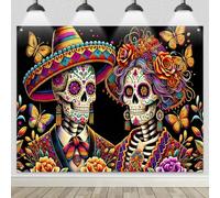 BlissYard Día de Los Muertos Backdrop Banner Sugar Skull Couple Flowers & Butterflies Wall Hanging for Party Decoration Supplies 8x6ft for Cultural Party Wall Background