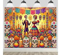 BlissYard Día de Los Muertos Backdrop Banner Sugar Skull Couple Flowers Candles Colorful Decor Supplies 8x6ft for Cultural Party Wall Background Indoor Outdoor Decoration Supplies