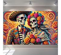 BlissYard Dia de Los Muertos Banner 71x43 Inch Day of The Dead Skeleton Couple Backdrop Mexican Festival Decoration for Halloween Wall Decor Sugar Skull Photo Background Indoor Outdoor Banner