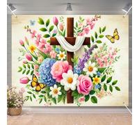 BlissYard Easter Christian Backdrop Cross Floral Garden Scene Butterfly Spring Religious Church Photo Booth Background 8x6ft for Worship Service Faith Celebration Stage Event Display