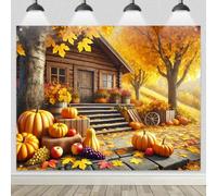 BlissYard Fall Backdrop Banner 8x6ft Autumn House Path Scene with Pumpkins Apples Grapes Colorful Leaves Hay Bales Thanksgiving Banner for Harvest Festival Party Decor Background
