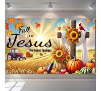 BlissYard Fall for Jesus Banner Decorations 71x43 Inch Autumn Harvest Cross Sunflower Pumpkin Leaves Field Backdrop Christian Thanksgiving Religious Wall Decoration for Church Home Blessings Display