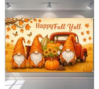 BlissYard Fall Gnome Backdrop Happy Fall Yall Pumpkin Red Truck Autumn Harvest Banner Sunflower Cotton Background 71x43 Inches Rustic Farmhouse Thanksgiving Indoor Outdoor Party Decoration
