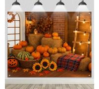 BlissYard Fall Thanksgiving Backdrop Banner 8x6ft Harvest Pumpkin Haystack Sunflower Banner Autumn Farmhouse Indoor Outdoor Decoration Rustic Fall Festival Photo Booth Background for Party Supplies