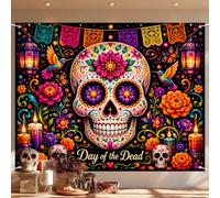 BlissYard Floral Sugar Skull Backdrop 91 x 71 Inch Day of the Dead Banner Dia de Los Muertos Decorations Hummingbird Butterfly Papel Picado Marigold Candle Halloween Mexican Fiesta Photo Booth