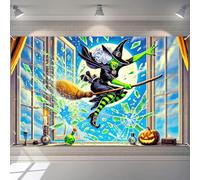 BlissYard Flying Witch Backdrop Halloween Witch on Broom Window Smash Full Moon Spooky Potion Bottles Pumpkin Photo Booth Background 71X43 Inch Fabric Party Decoration Haunted House Wall Art