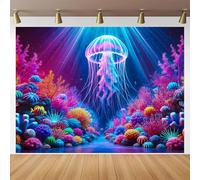 BlissYard Glowing Jellyfish Coral Reef UV Black Light Tapestry 78x59 Inches Art Color Neon Light Background Bedroom Living Room Wall Party Decoration Ocean Underwater Sea Creature Psychedelic Scene