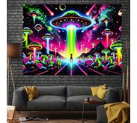 BlissYard Glowing Tapestry Trippy Mushroom UFO Space Tapestries 78x59 Inch Cool Alien Tapestry UV Reactive Psychedelic Neon Galaxy Space Tapestry Wall Hanging Posters Bedroom Living Room Dorm Decor