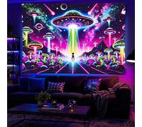 BlissYard Glowing Tapestry Trippy Mushroom UFO Space Tapestries 78x59 Inch Cool Alien Tapestry UV Reactive Psychedelic Neon Galaxy Space Tapestry Wall Hanging Posters Bedroom Living Room Dorm Decor