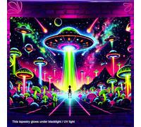 BlissYard Glowing Tapestry Trippy Mushroom UFO Space Tapestries 78x59 Inch Cool Alien Tapestry UV Reactive Psychedelic Neon Galaxy Space Tapestry Wall Hanging Posters Bedroom Living Room Dorm Decor