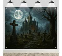 BlissYard Halloween Backdrop 8x6ft Haunted Castle Cemetery Scene with Full Moon Tombstones Dead Tree Pathway Halloween Banner for Spooky Indoor Outdoor Party Wall Vinyl Background