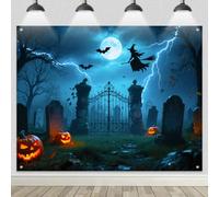 BlissYard Halloween Backdrop 8x6ft Haunted Graveyard Gate Scene with Flying Witch Lightning Jack-o-Lanterns Full Moon Bats Halloween Banner for Spooky Party Wall Decor Vinyl Background