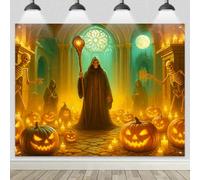BlissYard Halloween Backdrop Banner Halloween Party Decor Supplies Skeletons Pumpkins Candles Full Moon Haunted Castle 8x6ft Perfect for Party Wall Decor Photo Booth Background
