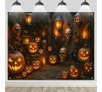 BlissYard Halloween Backdrop Banner Halloween Party Decoration Supplies Glowing Jack-O'-Lanterns Creepy Skulls Lanterns Raven 8x6ft Perfect for Party Wall Decor Photo Booth Background