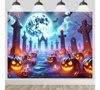 BlissYard Halloween Backdrop Banner Haunted Graveyard Glowing Lanterns Full Moon Bats 8x6ft Perfect for Spooky Halloween Party Decor Indoor Outdoor Wall Background Decoration