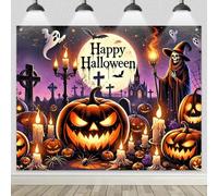 BlissYard Halloween Backdrop Banner Spooky Cemetery Scene Pumpkins Ghosts 8x6ft Party Decor Photo Booth Perfect for for Spooky Indoor Outdoor Party Wall Background Seasonal Decorative Supplies