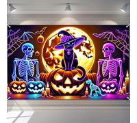 BlissYard Halloween Backdrop Black Cat Witch Hat Skeletons Pumpkins Full Moon Bats Spooky Graveyard Scene Neon Scary Yard Banner 71x43 Inches Indoor Outdoor Trick or Treat Party Decoration