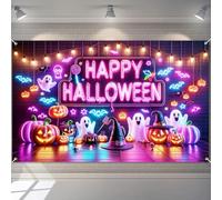 BlissYard Halloween Banner 71x43 Inch Neon Ghost Pumpkin Backdrop Indoor Outdoor Trick or Treat Party Decoration Wall Hanging Spooky Glow Theme for Fence Room Porch Photo Booth