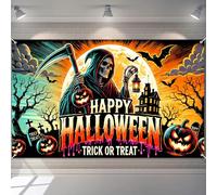 BlissYard Halloween Banner Grim Reaper Haunted House Full Moon Jack O Lanterns Bats Spooky Graveyard Scene Trick or Treat Backdrop 71x43 Inches Scary Yard Indoor Outdoor Party Photo Background