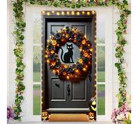 BlissYard Halloween Door Cover 35x71 Inch Black Cat Wreath Glowing Lights Design Spooky Feline Polyester Fabric Door Banner for Mysterious Home Entryway Seasonal Decor Backdrop Decrations