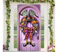 BlissYard Halloween Door Cover 35x71 Inch Whimsical Witch Hat Pumpkin Ghost Wreath Purple Orange Polyester Fabric Door Banner for Spooky Fun Home Entryway Holiday Party Decor Backdrop