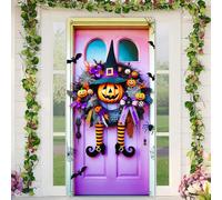 BlissYard Halloween Door Cover 35x71 Inch Whimsical Witch Wreath Pumpkin Legs Festive Polyester Fabric Door Banner for Spooky Yet Cute Home Entryway Holiday Decor Backdrop Decration