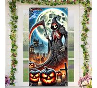 BlissYard Halloween Door Cover Photography Background Grim Reaper Jack O Lanterns Bats 35x71 Inch Spooky Haunted Door Decor Banner for Home Outdoor Indoor Entryway Party Decoration Festive Photo Prop