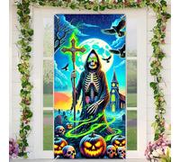 BlissYard Halloween Door Cover Photography Background Grim Reaper Skeleton Glowing Cross 35x71 Inch Spooky Haunted Door Decor Banner for Home Outdoor Indoor Entryway Party Decoration Creepy Photo Prop