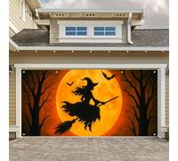BlissYard Halloween Garage Door Cover 13x6Ft Witch Flying on Broom Banner Full Moon Scene Halloween Garage Decoration Spooky Witch Silhouette Halloween Party Backdrop for Trick or Treat Haunted