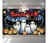 BlissYard Halloween Ghost Banner Backdrop 70.9 x 43.3 Inch Cute Cartoon Ghosts and Pumpkins Tapestry with Haunted House, Trees and Candles for Kids Trick or Treat Party Wall Decoration