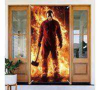 BlissYard Halloween Horror Door Banner Cover 35x71 Inch Scary Masked Man with Axe Backdrop Burning Fire Scene Halloween Door Decor Creepy Wall Hanging Spooky Party Supplies Indoor Outdoor Prop