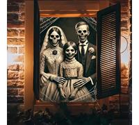 BlissYard Halloween Window Cover 31x47 Inch Gothic Skeleton Family Portrait Window Banner Haunted House Decor Spider Web Vintage Victorian Costume Spooky Indoor Outdoor Party Background